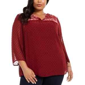 Style & Co Swiss-Dot Velvet-Yoke Blouse Red 3X
